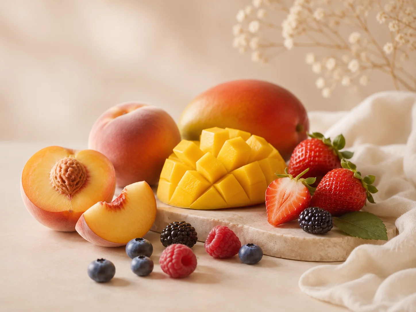 Buah persik, mangga, stroberi, dan beri untuk menggambarkan kategori aroma fruity