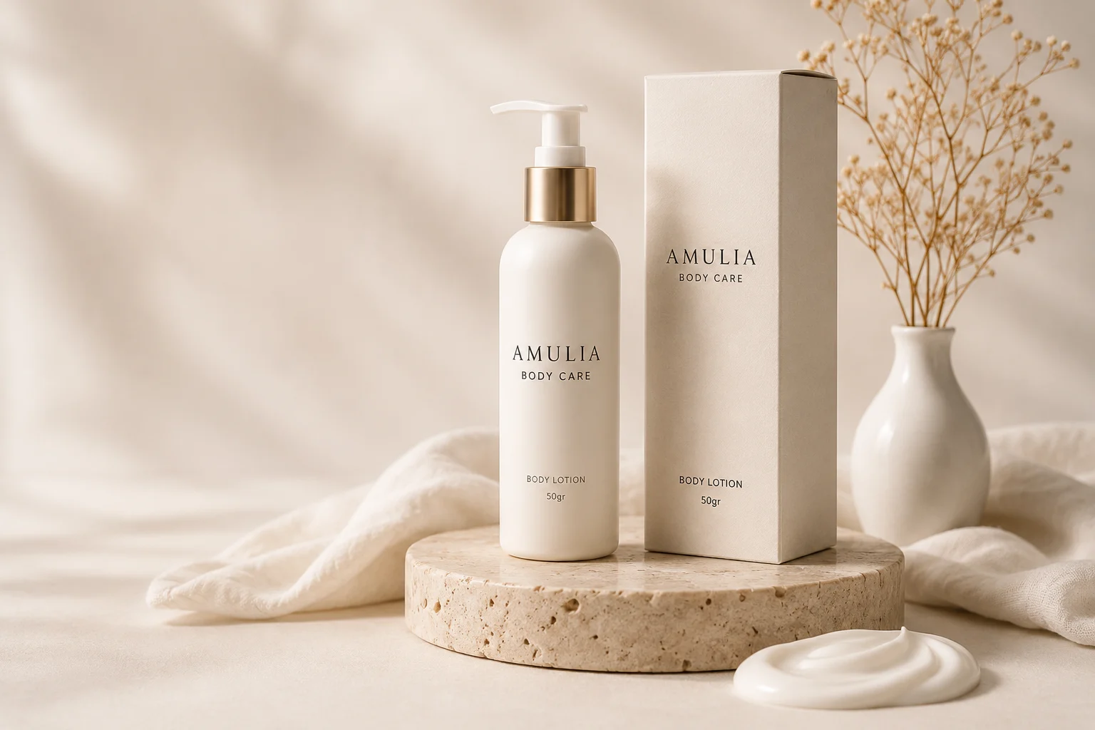 Botol dan box body lotion untuk layanan maklon Amulia