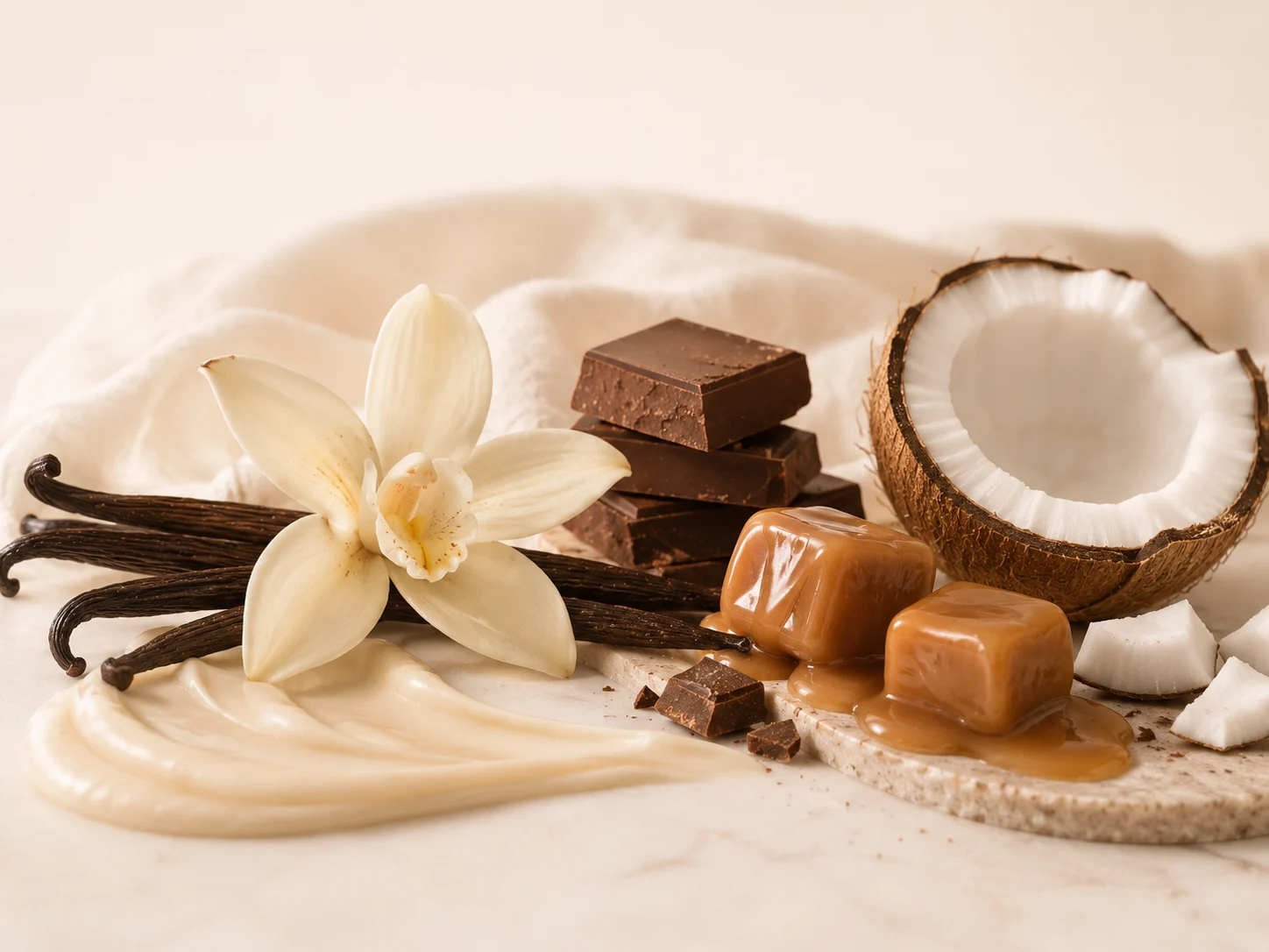 Vanila, karamel, cokelat, dan kelapa untuk menggambarkan kategori aroma sweet dan warm
