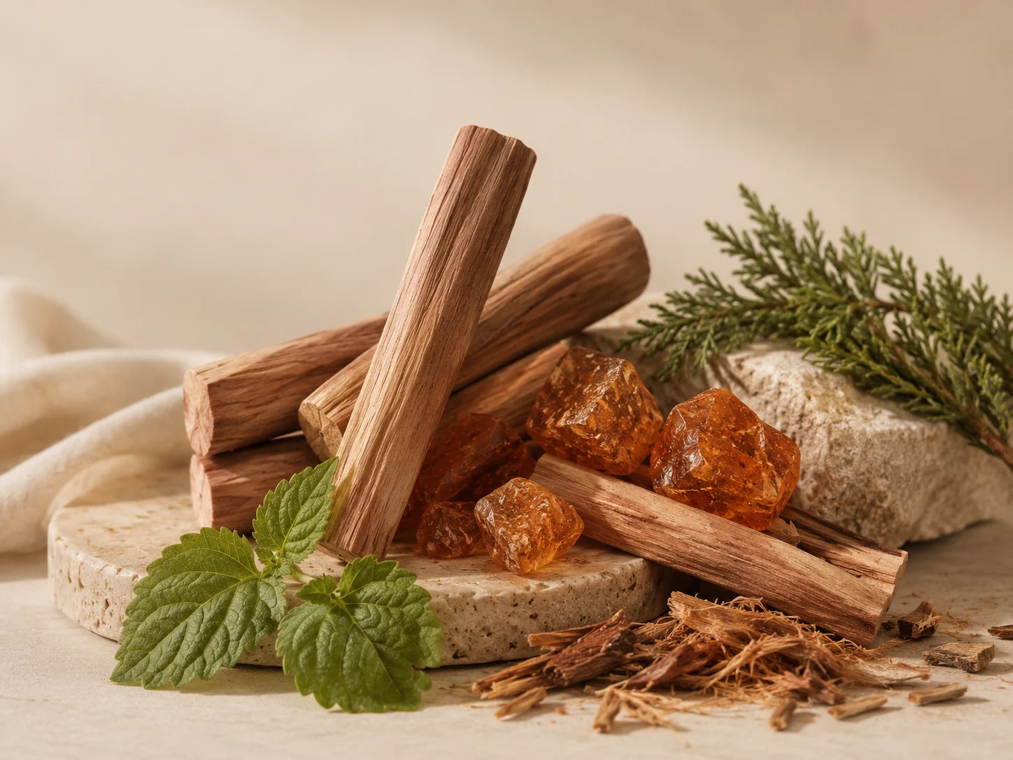 Kayu, amber, dan daun patchouli untuk menggambarkan kategori aroma woody