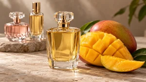 Tiga botol parfum wanita tanpa merek dengan potongan mangga matang di atas permukaan batu