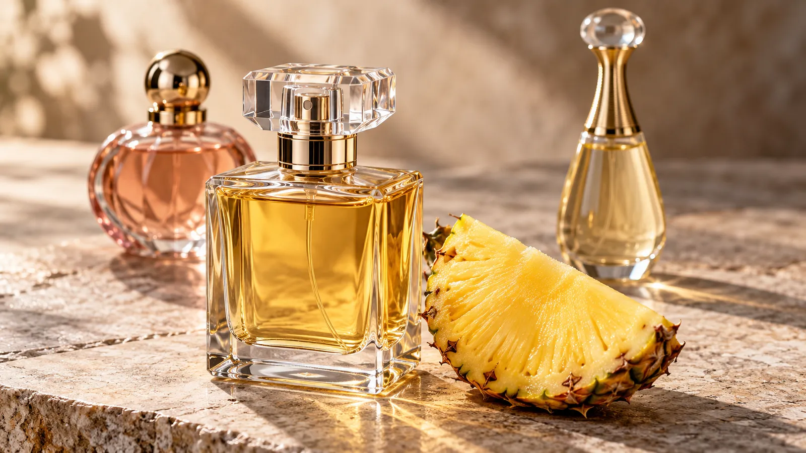 Tiga botol parfum wanita dengan desain berbeda di samping potongan nanas segar.