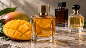 Tiga botol parfum pria dengan potongan mangga matang yang menampilkan aroma mangga sebagai inspirasi wewangian.