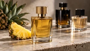 Tiga botol parfum pria tanpa merek dengan potongan nanas segar di sampingnya.